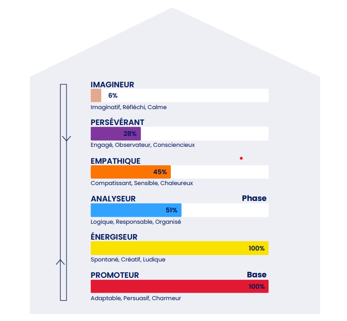 Schéma des étages du PCM Immeuble Process Communication Model ® illustrant les 6 types de personnalité PCM et les étages (base et phase)